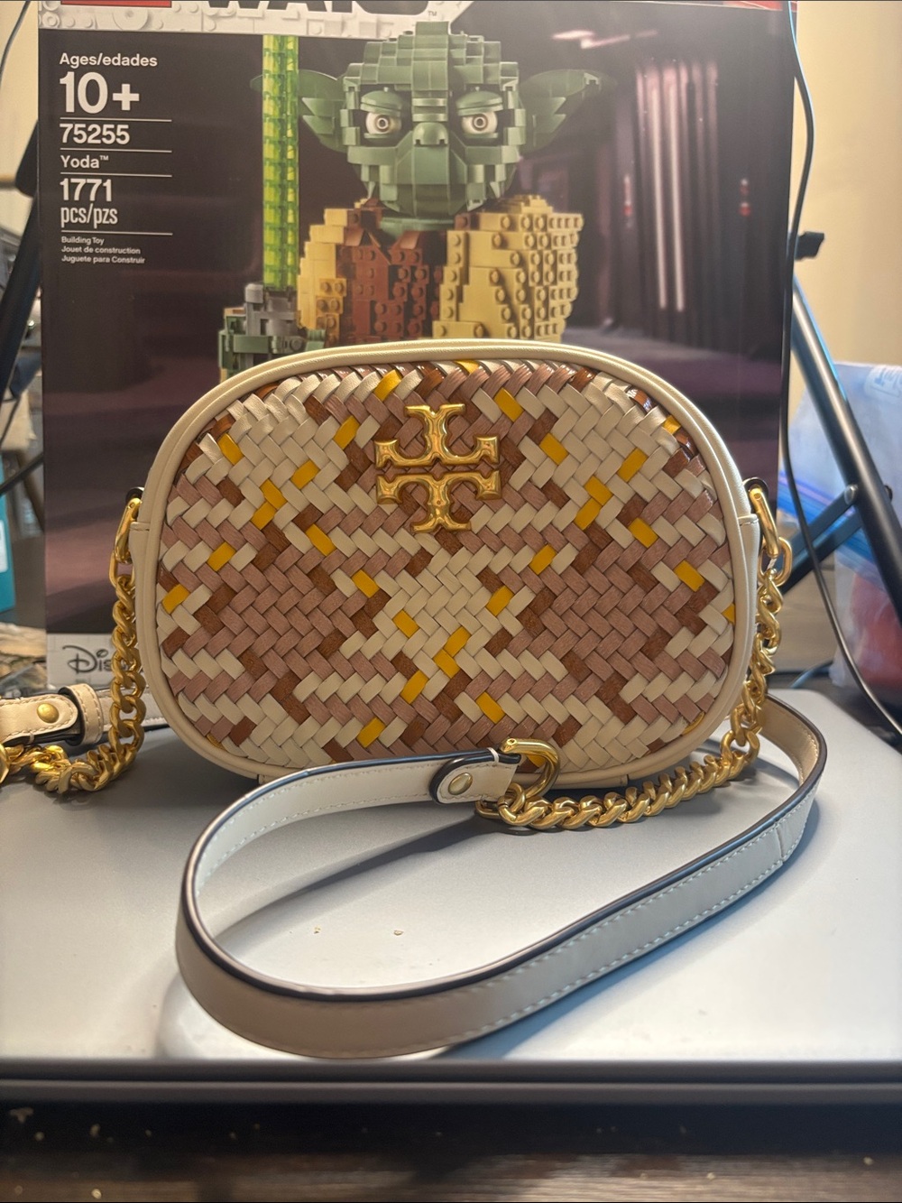 Tory Burch Woven Oval Crossbody in Beige, Brown and Yellow